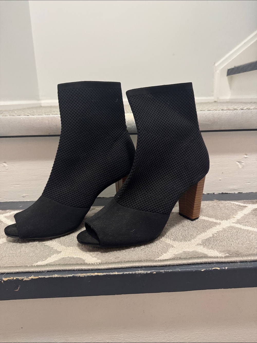Black Peep-Toe Knit Ankle Booties